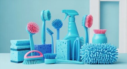 Vibrant blue cleaning supplies arranged neatly on a light blue surface