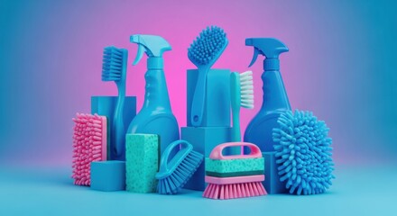 Colorful cleaning supplies arranged neatly on blue and pink background