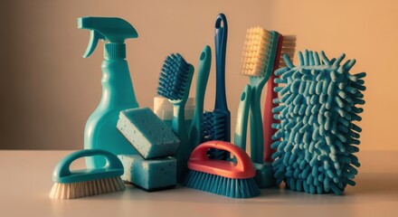 Colorful cleaning supplies arranged neatly on a surface