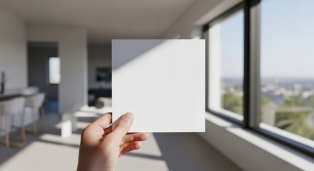 Hand holding blank white card in modern living room with city view
