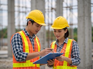 Construction workers reviewing plans on a clipboard at a building site. Male and female engineers in safety gear collaborating. Project management and site inspection concept