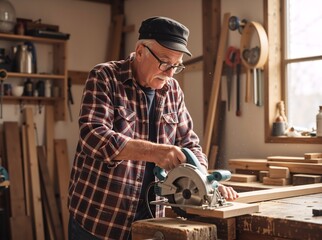 Senior man using a circular saw to cut wood in a workshop. Elderly carpenter working on a DIY project. Craftsmanship and retirement hobby concept. Professional woodworker in a plaid shirt