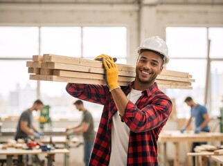 Smiling male carpenter carrying lumber in a workshop. Professional construction worker in a hard hat and plaid shirt. Manual labor and carpentry industry concept