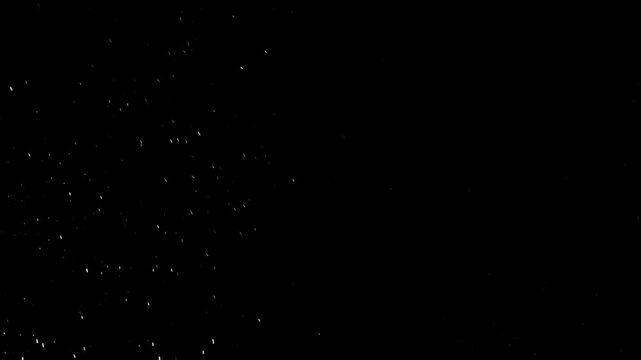 Fall of Small White Particles. Small white particles flow in the air on a black background. Slow Motion