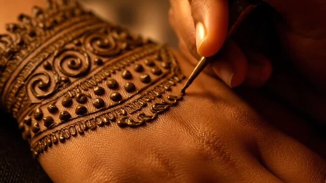 Close-up of Henna Artist applying intricate design on wrist.