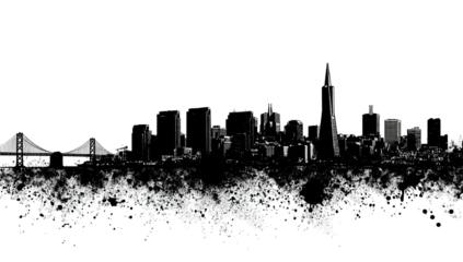 Black & white cityscape with bridge and skyscrapers against a dark sky, with textured foreground