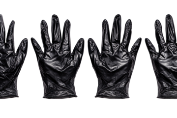 A row of four black latex gloves with hands inside, fingers spread apart