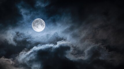 phase. Dramatic night sky featuring a full moon with subtle cloud details, evoking a serene celestial atmosphere. travel magazines, destination branding, designed for travel destination branding.