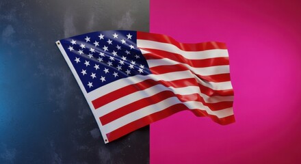 American flag waving against vibrant pink and blue background