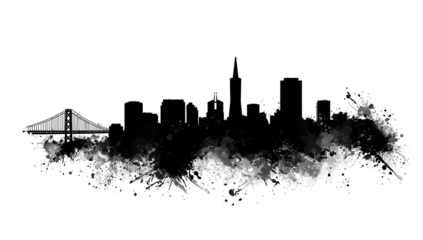 A grayscale depiction of a city skyline with bridge against a black backdrop, with artistic smoke effect