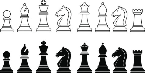 Complete chess pieces set featuring king queen rook bishop knight and pawn icons in black and white silhouette and outline styles © Md