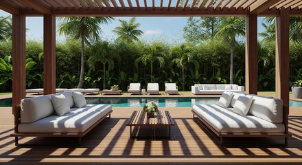 Luxurious outdoor living space with modern furniture and pool