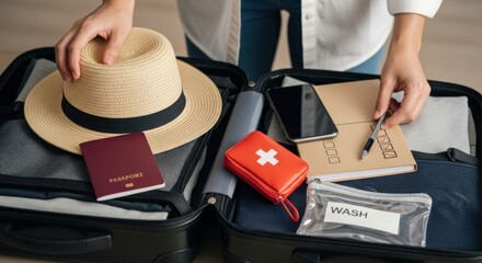 Woman packing suitcase for trip with passport and travel documents
