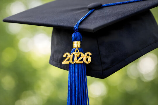  a black graduation cap with a blue tassel and a gold "2026" medallion, set against a blurred green background.