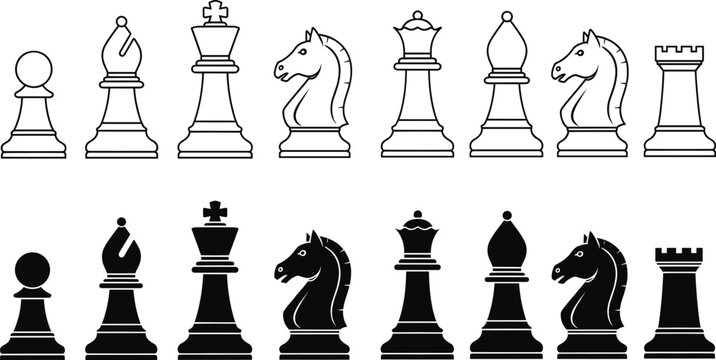 Complete chess pieces set featuring king queen rook bishop knight and pawn icons in black and white silhouette and outline styles