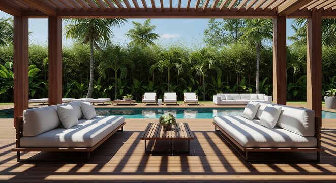 Luxurious outdoor living space with modern furniture and pool