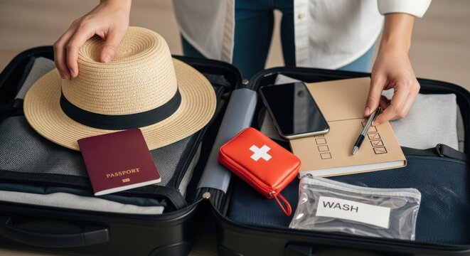 Woman packing suitcase for trip with passport and travel documents - Powered by Adobe