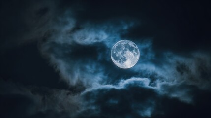 phase. Dramatic night sky featuring a full moon with subtle cloud details, evoking a serene celestial atmosphere. travel magazines, destination branding, designed for travel destination branding.