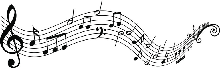 Musical notes on wavy staff lines flowing across white background featuring treble clef and various melody symbols for creative audio design © Md