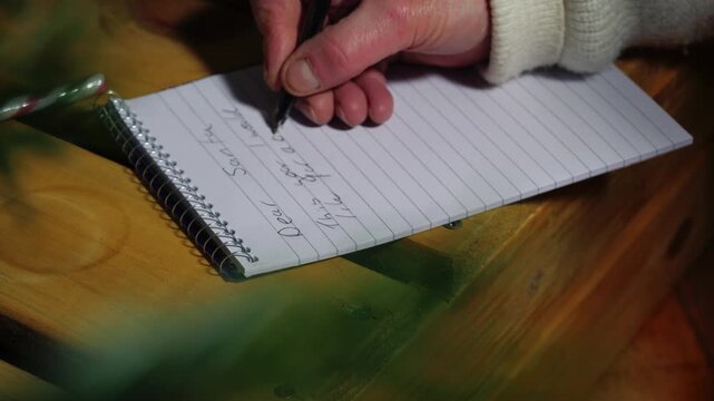 Writing a letter to Santa on notepad view through Christmas tree