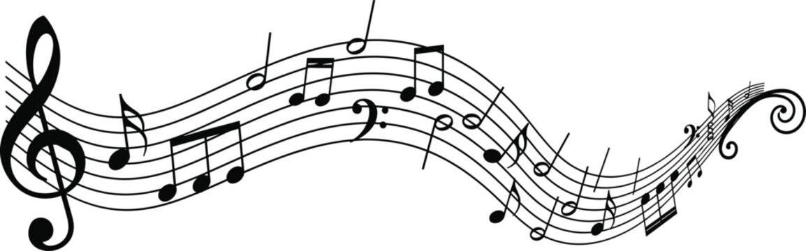 Musical notes on wavy staff lines flowing across white background featuring treble clef and various melody symbols for creative audio design