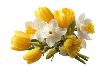 A vibrant bouquet of yellow tulips and white daffodils, a symbol of spring, on a transparent background