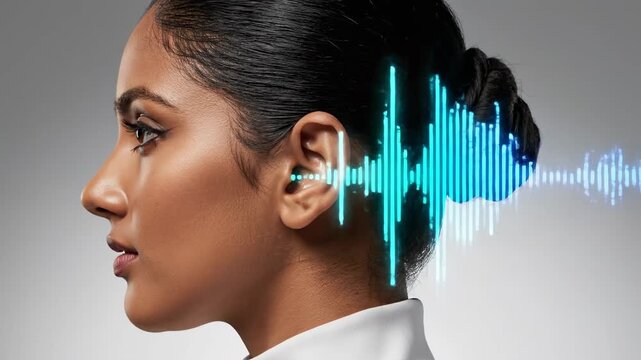 Profile view of a young indian woman using a wireless earbud. With an animated blue sound wave equalizer representing audio technology. Music listening. Or podcast streaming against a gray background