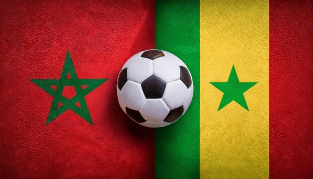soccer ball between Senegal and Morocco flag on each side background