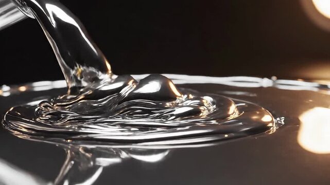 Real pouring liquid silver metal with shiny glossy surface video. Abstract molten mercury flow texture background. Viscous chrome paint fluid stream for industrial or beauty cosmetic product concept