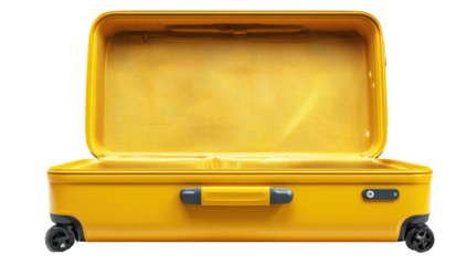 Open, yellow travel suitcase, showing its empty interior. Wheels and a handle are visible