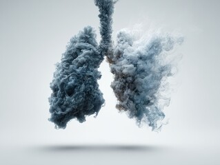 Human lungs made of grey smoke, symbolizing fading breath, suspended in air, showcasing intricate textures and ethereal qualities, representing the fragility of life and health