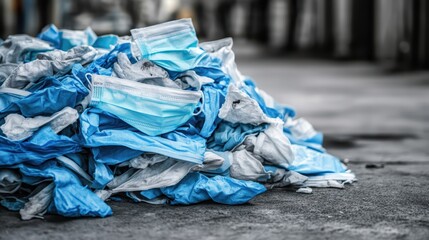 A large pile of used blue and white disposable medical masks and gloves discarded outdoors on the ground