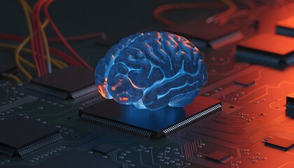 Translucent blue brain model on computer circuit board with red lights