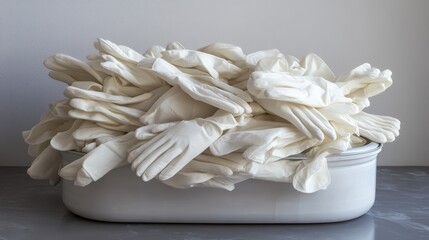 A large pile of white sterile disposable medical gloves sits in a container