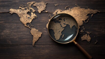 Fototapeta premium A magnifying glass is held over a detailed vintage world map etched on a wooden surface for exploration and discovery