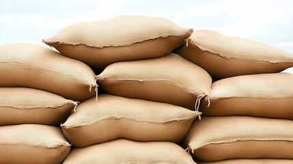 A large collection of heavy duty sandbags stacked together forming a protective barrier outdoors