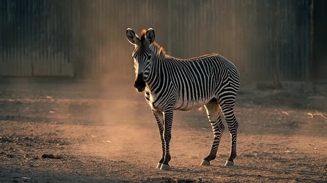 A lone zebra standing in a dusty enclosure during sunset with warm lighting