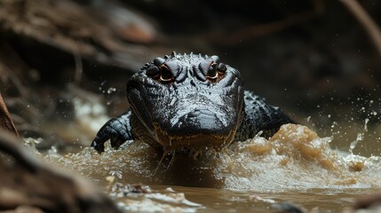A powerful black caiman emerges from murky water its fierce eyes fixed intently forward