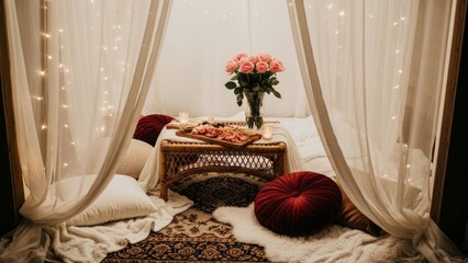 Cozy indoor picnic setup with candles and flowers on wicker table