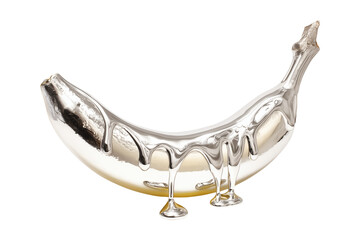 Surreal silliness concept art with banana coated in flowing liquid silver isolated on transparent background.