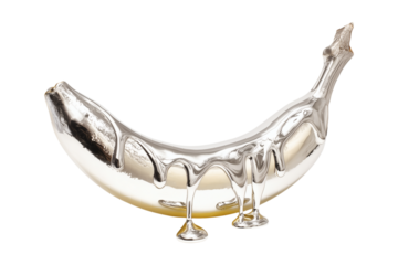 Surreal silliness concept art with banana coated in flowing liquid silver isolated on transparent background.