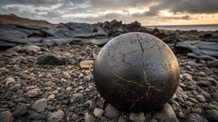 A smooth dark basalt sphere with faint glowing fissures sits on rocky ground with a dramatic cloudy sky overhead