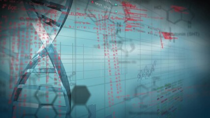 Animation of data processing over dna strand on white background - Powered by Adobe