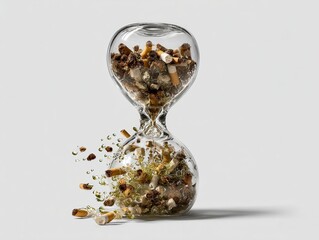 Glass hourglass filled with cigarette butts and debris, symbolizing the passage of time and the impact of smoking on health, showcasing a striking visual concept