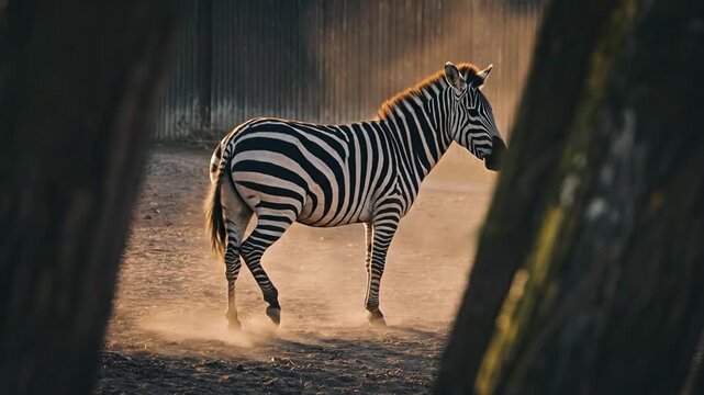 A lone zebra with its distinctive black and white stripes walks across a dusty terrain, bathed in the warm glow of sunlight filtering through trees