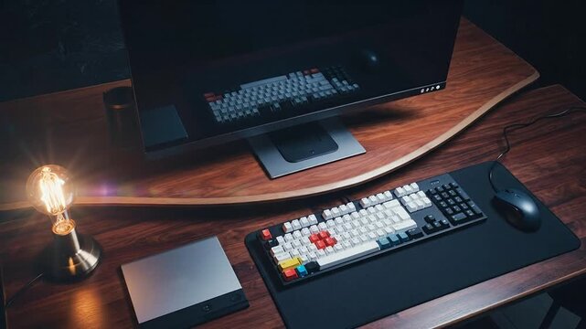 A minimalist desk setup featuring a modern computer monitor, a mechanical keyboard with colorful keycaps, a sleek mouse, and a vintage Edison bulb lamp on a wooden surface