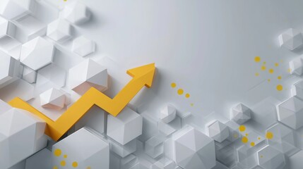 Growth and Business Development concept with an upward trending golden arrow on a modern 3D hexagon background.