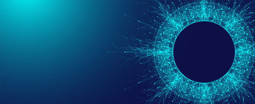 Scientific vector illustration quantum computer technology. Plexus fiction effect. Deep learning artificial intelligence. Big data algorithms visualization. Quantum explosion background.