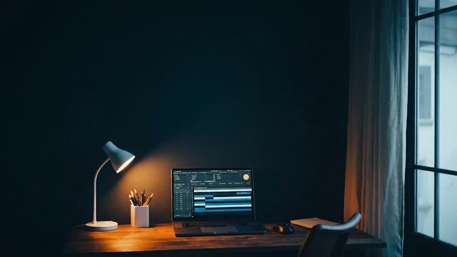 Cozy home office setup with a glowing desk lamp illuminating a laptop and workspace at night