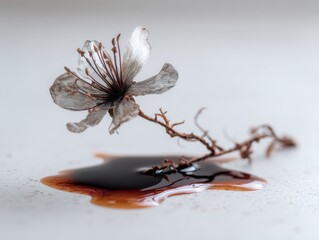Wilted grey flower emerging from dark liquid, symbolizing toxic growth, with delicate petals and intricate details, showcasing the contrast of decay and resilience in nature